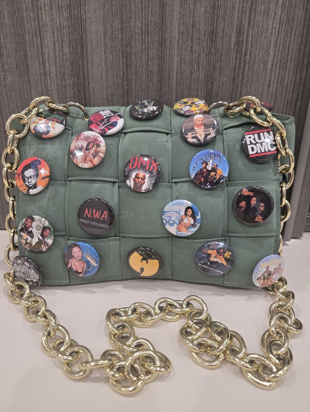 Custom Made Woven Shoulder Bag with Gold Chain and Badge Pins